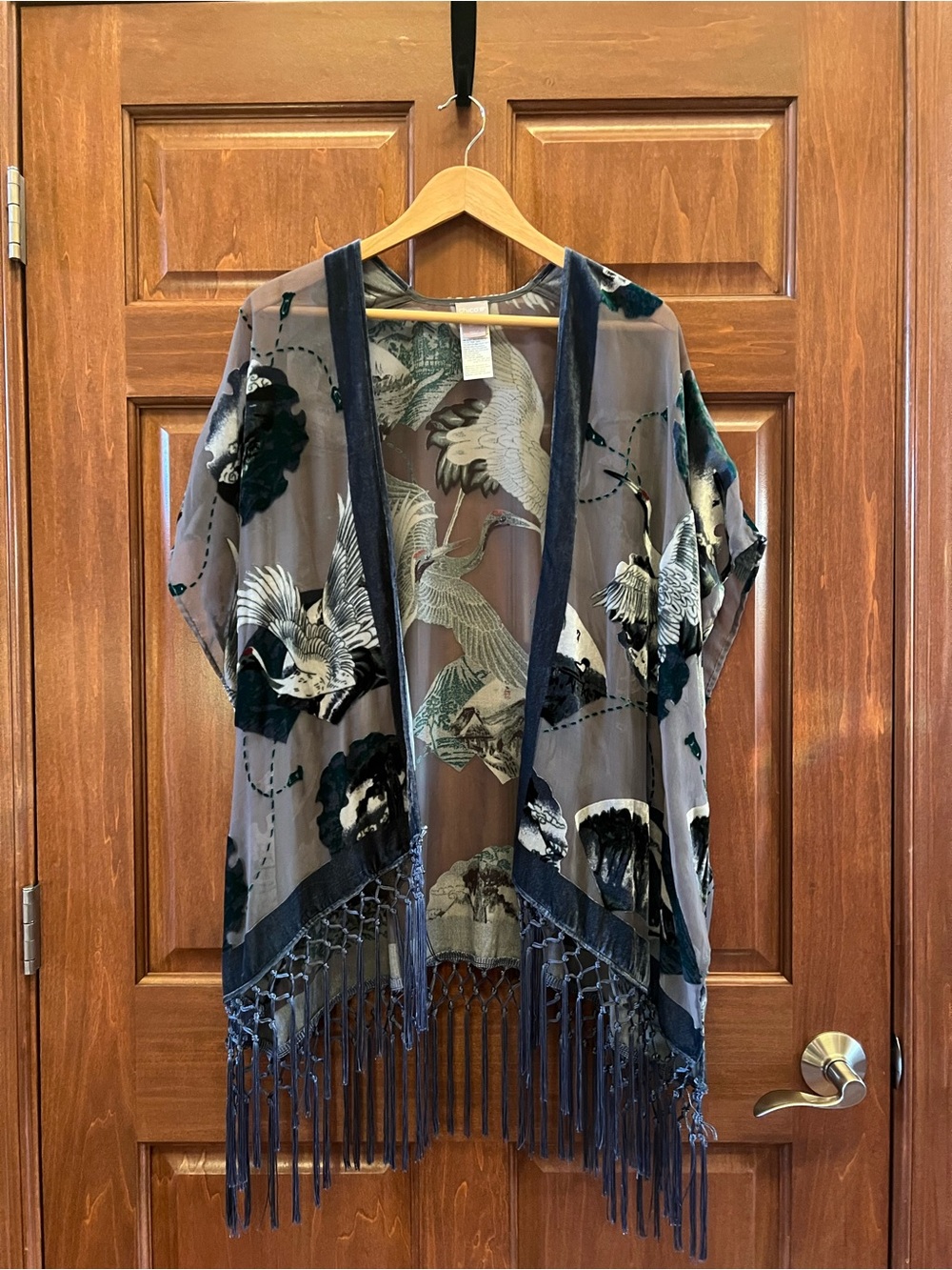 Chico's Kimono Burnout Velvet Open Front with Fringe Green Grey Size S/M - Picture 3 of 17